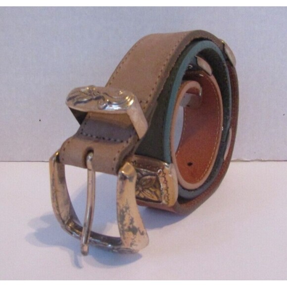 Cowboy Belt Vintage 1993 Two Tone Brown Leather Western Brass W2170 Size L - Picture 1 of 8